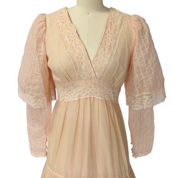 Gunne Sax Pink Peachy Maxi Dress Size 11 S Vintage 70s Overlay Sleeves Prairie - Picture 3 of 11